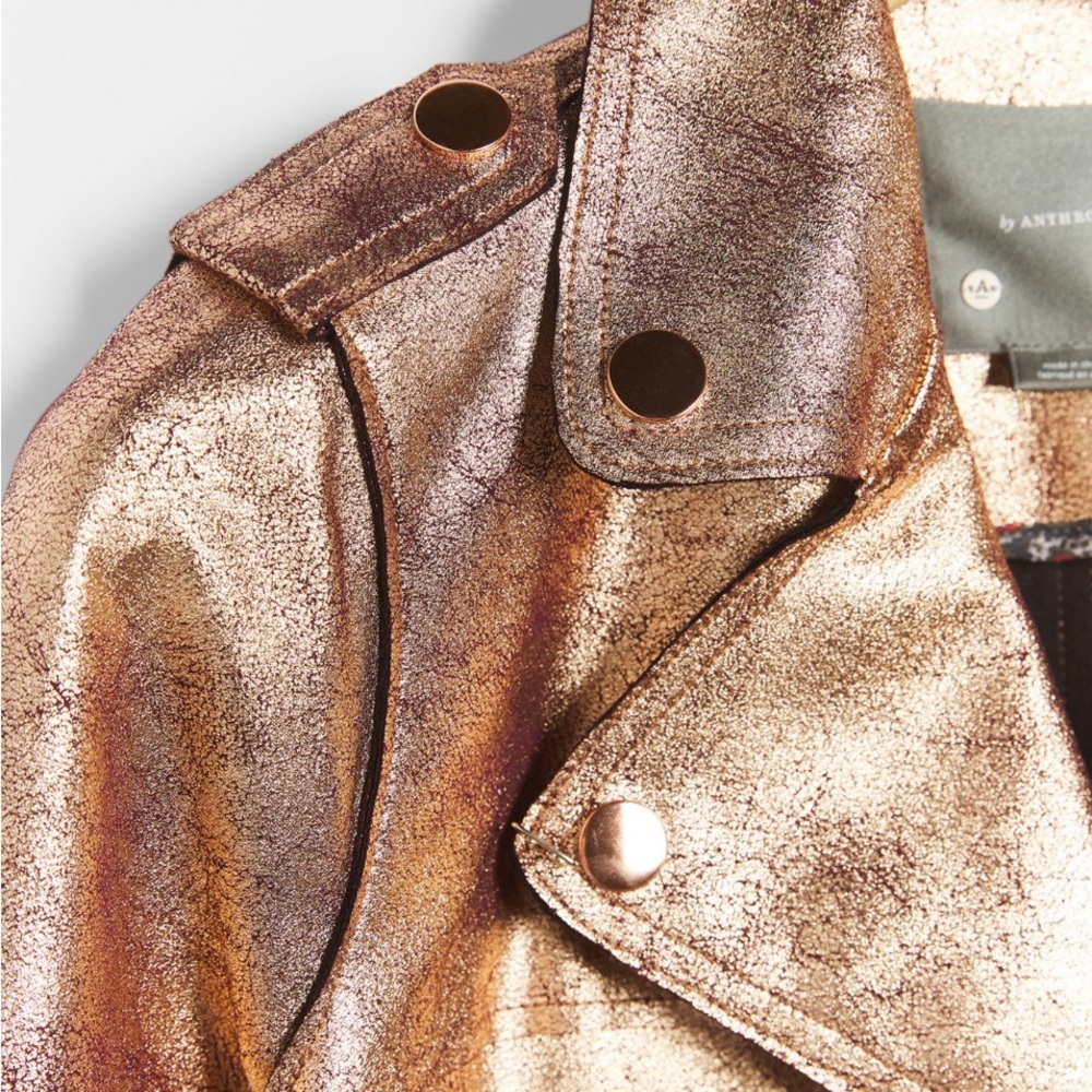 🌟NWT🌟 Anthropologie Brisa Metallic Faux Leather Cropped Moto Jacket - Picture 2 of 7